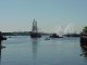 A fireboat and the USS Constitution, Old Ironsides, in Boston Harbor