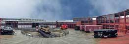 A panoramic photo of the Steamtown roundhouse and turntable