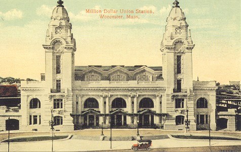 An old postcard of Worcester Union Station with towers